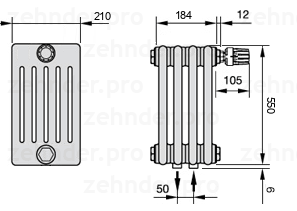 Схема (чертеж) Радиатор Zehnder Charleston 6055/4 №V008 Белый глянцевый RAL 9016